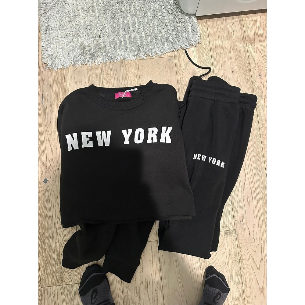 Be-Lux Sport Women Black New York Graphic Cropped Sweatshirt and Joggers Set L